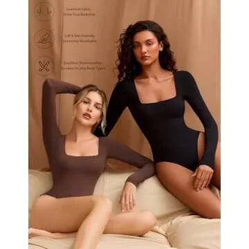 Avidlove Women's Long Sleeve Bodysuit Double Lined Square Neck Body Suit Tops Snap Closure Soft (Black, M)