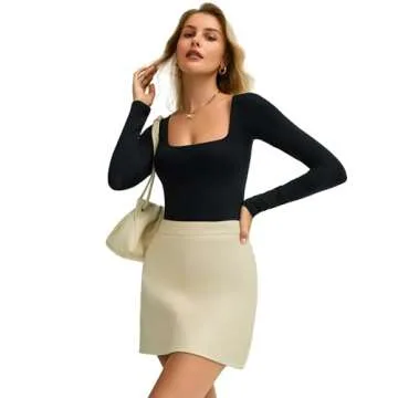 Avidlove Women's Long Sleeve Bodysuit Double Lined Square Neck Body Suit Tops Snap Closure Soft (Black, M)