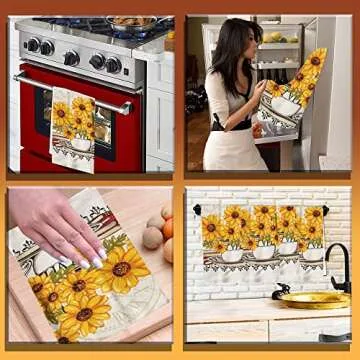 Lobyn Sunflower Kitchen Dish Towels 4 Pack Absorbent