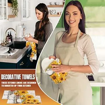 Lobyn Sunflower Kitchen Dish Towels 4 Pack Absorbent