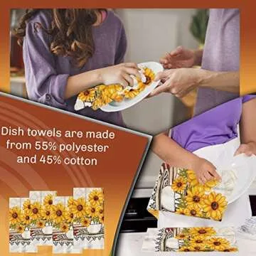 Lobyn Sunflower Kitchen Dish Towels 4 Pack Absorbent