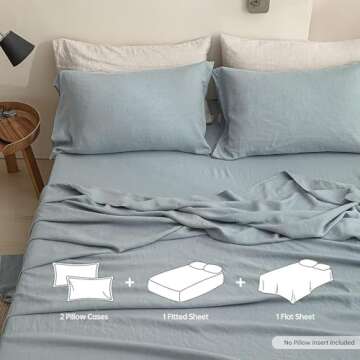Simple&Opulence 100% Linen Sheets California King Size Set, 4 Pcs Natural French Linen Bed Sheets, Breathable Soft Durable Bedding Set for All Season (Dusty Blue, California King)