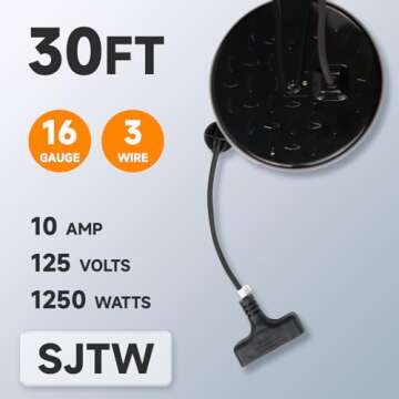 EP 30 Ft Retractable Extension Cord Reel, 16/3 SJTW Power Cord with 3 Electrical Outlets, Ceiling or...