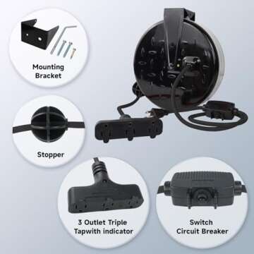 EP 30 Ft Retractable Extension Cord Reel, 16/3 SJTW Power Cord with 3 Electrical Outlets, Ceiling or Wall Mount, 10 Amp Circuit Breaker, Metal Plate, UL Listed, Gray