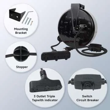 EP 30 Ft Retractable Extension Cord Reel, 16/3 SJTW Power Cord with 3 Electrical Outlets, Ceiling or Wall Mount, 10 Amp Circuit Breaker, Metal Plate, UL Listed, Gray