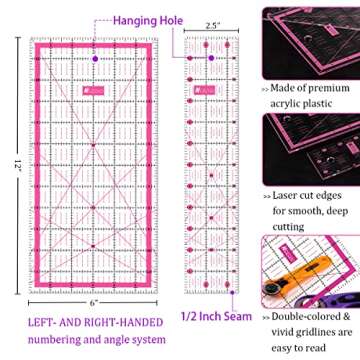 Rotary Cutter Set,Nicecho Sewing Quilting Supplies,45mm & 28 mm Fabric Cutters,8 Rotary Cutter Blades,A3 Cutting Mat for Sewing,6x12 & 2.5x12 In Quilting Rulers,Ideal Quilt kits for Lovers & Beginners