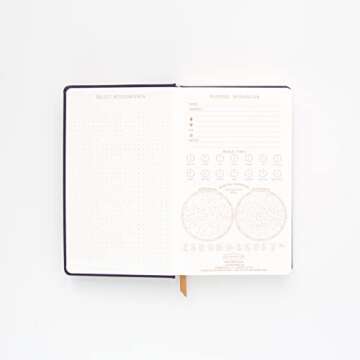 Designworks Ink Cloth Hardcover Journal Notebook with Lined Pages and Ribbon Marker for Work, Writing, Journaling - Charcoal Blue Journal with Gold Moon Phases and Affirmations 5.125" x 8.25"