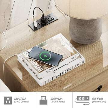 WAMPAT Nightstand Side Table with Charging Station, Light Wood End Table with 2 Drawers for Living Room, Farmhouse Night Stand Bedside Table for Bedroom, Oak