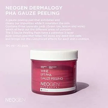 DERMALOGY by NEOGENLAB Wine Lift PHA Gauze Peeling Pads (30 pads) - Exfoliating & Revitalizing & Firming Peeling Pad with AHA, BHA, PHA, LHA & Wine & Peptide & Collagen - Korean Skin Care
