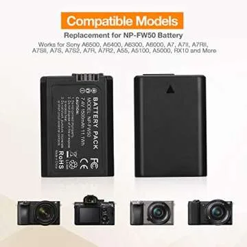 NP-FW50 Battery 2-Pack and USB Dual Charger for Sony A6000, A6500, A6300, A6400, A7, A7II, A7RII, A7SII, A7S, A7S2, A7R, A7R2, A55, A5100, RX10 RX10II (Micro USB Port,1500mAh)