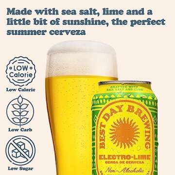 Best Day Brewing Non-Alcoholic Craft Beer - Electro-Lime 12 Pack (12 Fl Oz Cans) - Full Flavor, Low-Calorie - All-Natural Ingredients