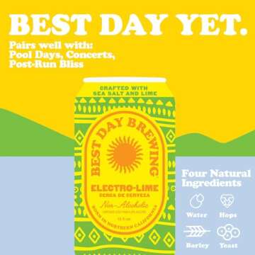 Best Day Brewing Non-Alcoholic Craft Beer - Electro-Lime 12 Pack (12 Fl Oz Cans) - Full Flavor, Low-Calorie - All-Natural Ingredients