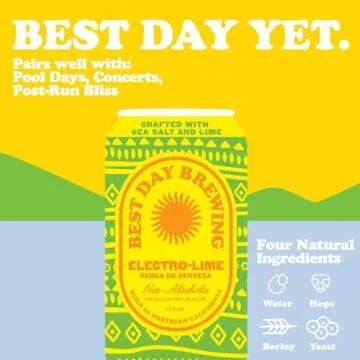 Best Day Brewing Non-Alcoholic Craft Beer - Electro-Lime 12 Pack (12 Fl Oz Cans) - Full Flavor, Low-Calorie - All-Natural Ingredients