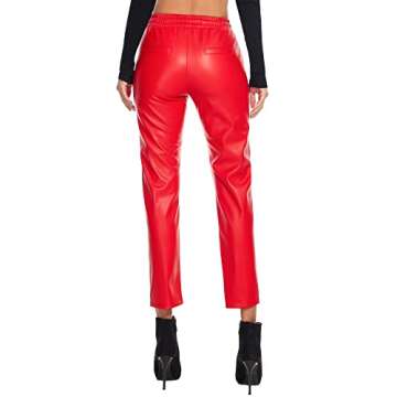 Tagoo Faux Leather Pants for Women - High Waisted Pleather Joggers with Pockets Red