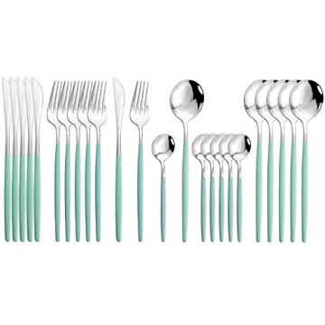 JASHII Flatware Serving Set 24 Piece, Modern Mint Green Silverware for Hosting