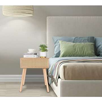 Rattan Nightstand with Drawer, Bedside Table, End Table with Storage, Modern Boho Nightstands, Mid-C...