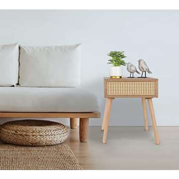 Rattan Nightstand with Drawer, Bedside Table, End Table with Storage, Modern Boho Nightstands, Mid-Century Coffee Table, Small Side Tables for Living Room Bedroom Office Balcony (Natural Walnut)