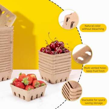 PARBEE 60 Pack Pulp Fiber Berry Basket, Molded Containers Vented for Strawberry Blueberry Raspberry ...