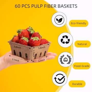 PARBEE 60 Pack Pulp Fiber Berry Basket, Molded Containers Vented for Strawberry Blueberry Raspberry Grape Cherry, Small Farmer Market Produce Basket Containers