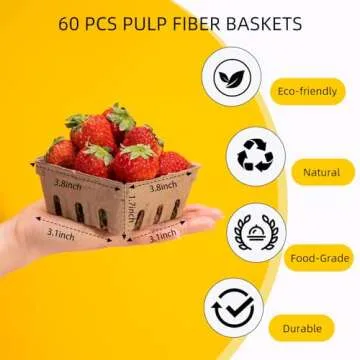 PARBEE 60 Pack Pulp Fiber Berry Basket, Molded Containers Vented for Strawberry Blueberry Raspberry Grape Cherry, Small Farmer Market Produce Basket Containers