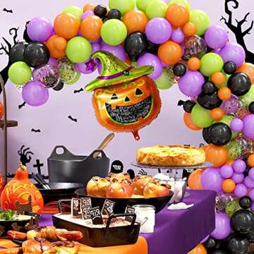 124 Pack Halloween Balloon Arch Garland Kit, Black Orange Green Purple Confetti Balloons and Mylar P...