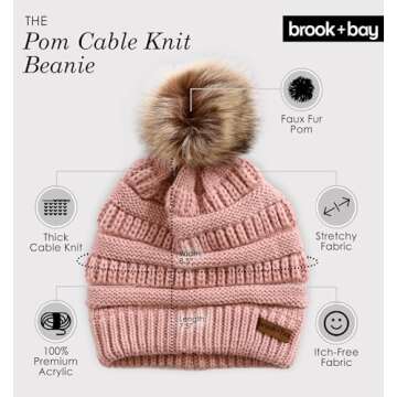 Brook + Bay - Beanie Hats for Women, Pom Pom Hat Soft Chunky Knit Beanie for Cold Weather, Stocking Cap for Women Winter Hats Pink