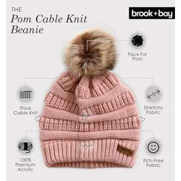 Brook + Bay - Beanie Hats for Women, Pom Pom Hat Soft Chunky Knit Beanie for Cold Weather, Stocking Cap for Women Winter Hats Pink