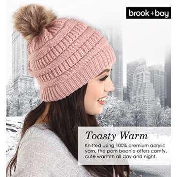 Brook + Bay - Beanie Hats for Women, Pom Pom Hat Soft Chunky Knit Beanie for Cold Weather, Stocking Cap for Women Winter Hats Pink