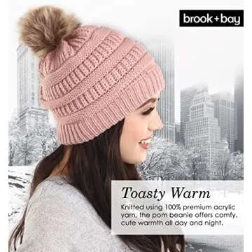 Brook + Bay - Beanie Hats for Women, Pom Pom Hat Soft Chunky Knit Beanie for Cold Weather, Stocking Cap for Women Winter Hats Pink