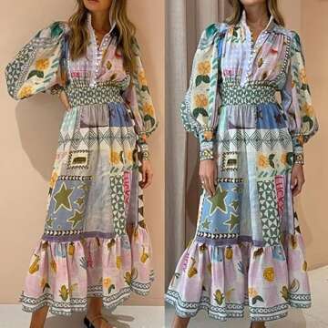 Stylish OrgeFy Autumn Printed Bubble Sleeve Dress for Women