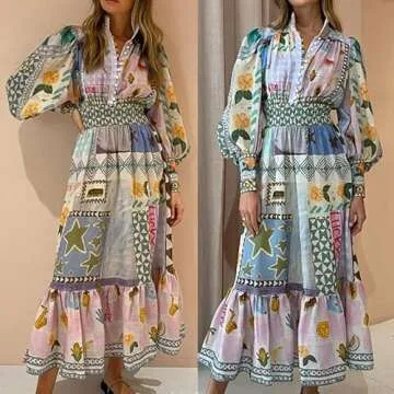 Stylish OrgeFy Autumn Printed Bubble Sleeve Dress for Women