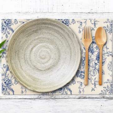 Generic AnyDesign Vintage Floral Placemats Blue Flower Table Mats Non-Slip Heat Resistant Washable Table Dinner Mats for Home Kitchen Decor, 12 x 18 Inch, Set of 4, Blue, White