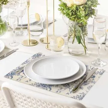 Generic AnyDesign Vintage Floral Placemats Blue Flower Table Mats Non-Slip Heat Resistant Washable Table Dinner Mats for Home Kitchen Decor, 12 x 18 Inch, Set of 4, Blue, White