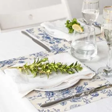 Generic AnyDesign Vintage Floral Placemats Blue Flower Table Mats Non-Slip Heat Resistant Washable Table Dinner Mats for Home Kitchen Decor, 12 x 18 Inch, Set of 4, Blue, White