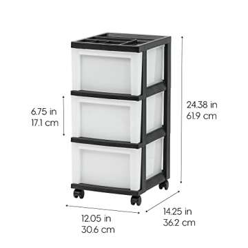 IRIS USA Plastic Drawer Storage Organizer Rolling Cart, with Wheels Casters, 3-Drawers, for Classroom Art Craft Supplies Dresser Closet Bathroom Dorm Bedroom Laundry Room, Black/ Pearl