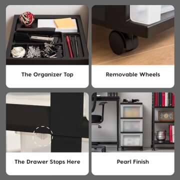 IRIS USA Plastic Drawer Storage Organizer Rolling Cart, with Wheels Casters, 3-Drawers, for Classroom Art Craft Supplies Dresser Closet Bathroom Dorm Bedroom Laundry Room, Black/ Pearl