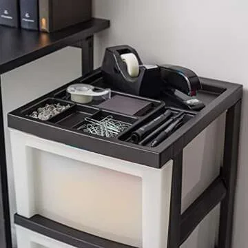 IRIS USA Plastic Drawer Storage Organizer Rolling Cart, with Wheels Casters, 3-Drawers, for Classroom Art Craft Supplies Dresser Closet Bathroom Dorm Bedroom Laundry Room, Black/ Pearl