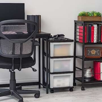 IRIS USA Plastic Drawer Storage Organizer Rolling Cart, with Wheels Casters, 3-Drawers, for Classroom Art Craft Supplies Dresser Closet Bathroom Dorm Bedroom Laundry Room, Black/ Pearl