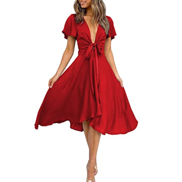 Miduo Women’s Midi Dresses Satin Wrap Tie V Neck Short Sleeve High Waist Skater A Line Wedding Par...