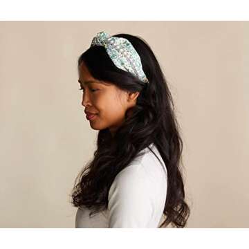 RIFLE PAPER CO. Lottie Pearl Headband, Knotted Fabric Floral Design Printed with Embellishments Over Structured Band, Full Polyester on Durable Plastic Band