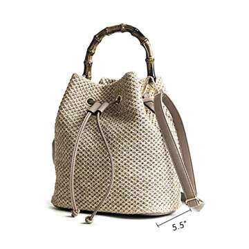 QZUnique Straw Bucket Bags for Women Top Handle Drawstring Woven Handbag Shoulder Bag Summer Beach P...