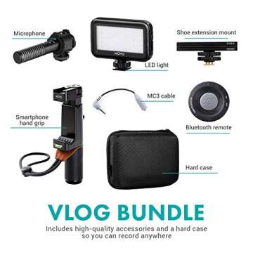 Movo Vlog Kit V7 - YouTube Starter Kit with Grip, Stereo Microphone, Light and Wireless Remote Vlogging Kit for iPhone for YouTube, TikTok, Vlogging Equipment for iPhone/Android - iPhone Vlogging Kit