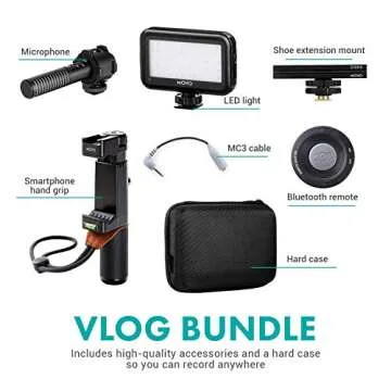 Movo Vlog Kit V7 - YouTube Starter Kit with Grip, Stereo Microphone, Light and Wireless Remote Vlogging Kit for iPhone for YouTube, TikTok, Vlogging Equipment for iPhone/Android - iPhone Vlogging Kit