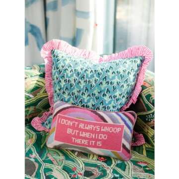 FURBISH Handmade Needlepoint Decorative Throw Pillow - Whoop There It is - 9" x 15" - Small Embroidered Accent Pillow for Bed, Chair, Couch, Sofa - Aesthetic Preppy Home Decor