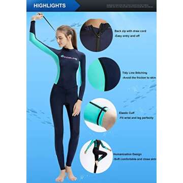 Dive Skins Full Body Swimsuit Wetsuit Scuba Rash Guard Diving Suit for Women Men Adult, Long Sleeve Swimwear One Piece UV Protection Quick Dry Sunsuit for Surfing Snorkeling Kayaking