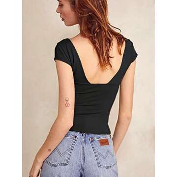 ForeFair Women Sexy Deep V Neck Backless Tank Top Slim Fit Summer Casual Y2k Crop Short Sleeve Top(Black,S)