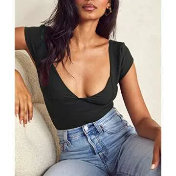 ForeFair Women Sexy Deep V Neck Backless Tank Top Slim Fit Summer Casual Y2k Crop Short Sleeve Top(Black,S)