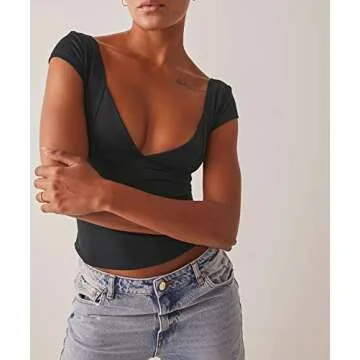 ForeFair Women Sexy Deep V Neck Backless Tank Top Slim Fit Summer Casual Y2k Crop Short Sleeve Top(Black,S)