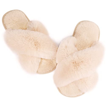 Ankis Women Slippers Camel Fluffy Slippers Memory Foam, Cross Band Furry Open Toe Slippers Cozy Plus...