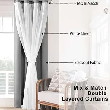 Hiasan Grey Blackout Curtains with Sheer Overlay